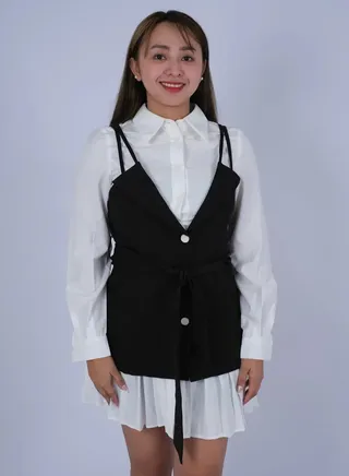 Women’s Collared Neck Button Down Pleated Short Dress in Black 