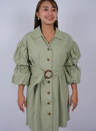 Women's Button Close with Big Belt Collared Neck Dress in TEA 