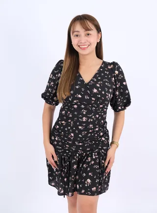 Women’s Rose Printed Pleated Puff Sleeves Dress in Rose AOP 