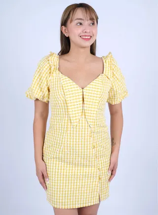 Women’s Checked Floral Button Down Short Dress in Sunflower Yellow 