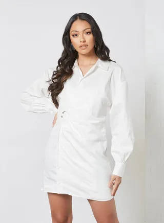 Long Sleeve Shirt Dress White 