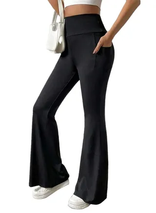 Ribbed Knit Wide Leg Pants - High Waist Flare Leggings With Pocket - Rib Knit Yoga Pants 