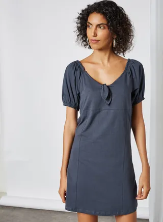 Solid Peasant Neck Mini Dress Ombre Blue Acid Wash 