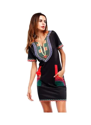 V-Neck Short Sleeve Dress Black/Red/Green 