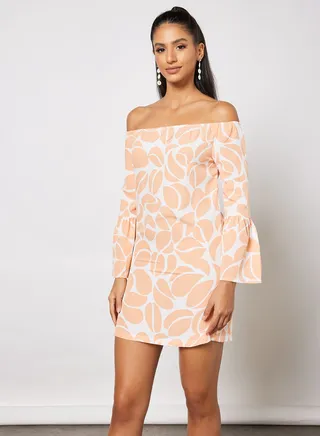 Casual Long Sleeve Off Shoulder A-Line Mini Dress Printed Pattern Coral/White 