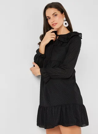 Tie-Up Neck Textured Dress Black 