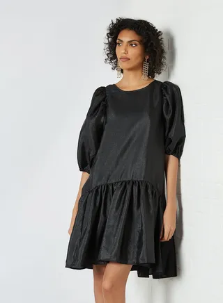 Puff Sleeve Oversized Dress Black 