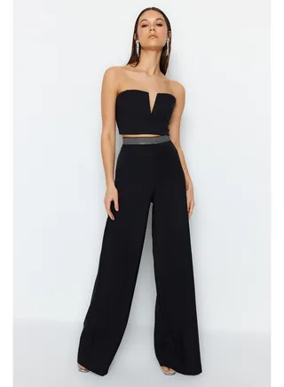 Black Stone Belt Detailed Trousers TPRSS23PL00042 