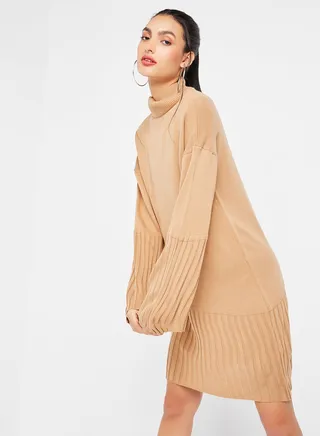 Ribbed Panel Dress Camel 