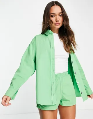 ASOS DESIGN denim oversized shirt in green - part of a set