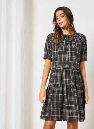Tiered V-Neck Mini Dress Black/Beige 