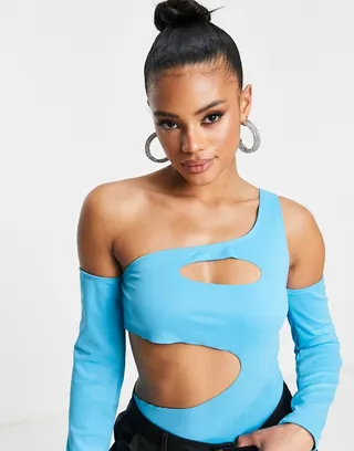 Unique21 one shoulder cut out bodysuit in cyan blue