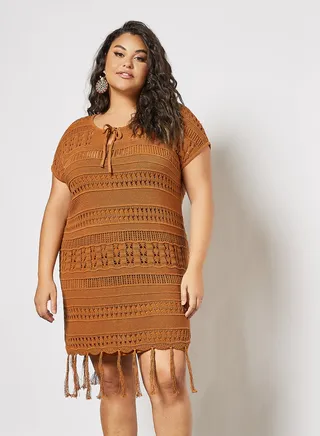 Plus Size Openwork Knit Dress Brown 
