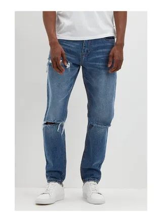 Tapered Slash Mid Blue Ripped Jeans 