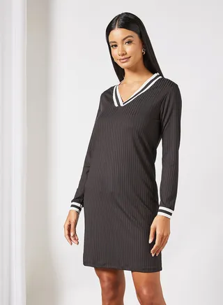 Textured Ribbed Mini Dress Black 