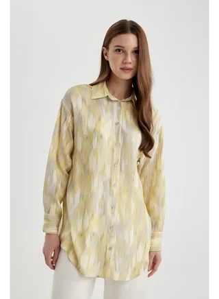 Woman Relax Fit Shirt Neck Woven Long Sleeve Tunic 