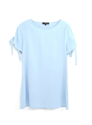 Casual Polyester Blend Short Sleeve Mini Dress With Round Neck With Sleeve Tie Knot Blue 