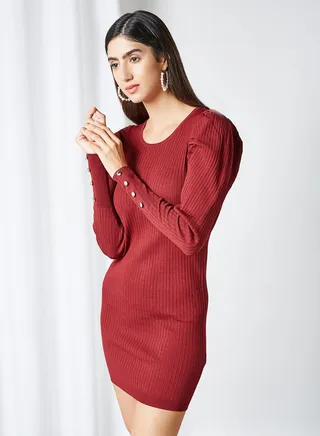 Puff Sleeve Bodycon Dress Pomegranate 