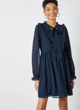 Ruffle Trim Belted Mini Dress Navy 