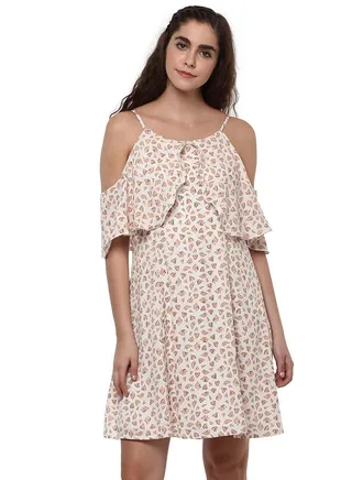 Printed Cold Shoulder Swing Dress Off White 