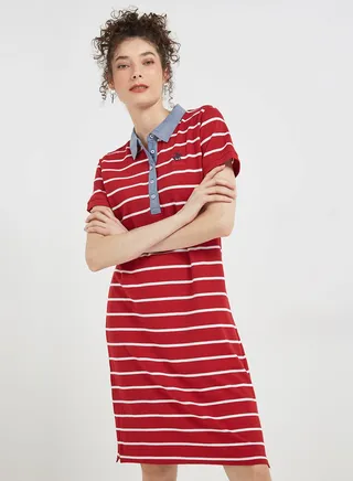 Yarn Dye Stripe Stretch Pique Polo Dress Red 