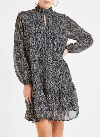 Printed Ruffle Hem Dress Navy/Cream 