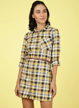 Collared Neck Checkered Mini Dress Multicolour 