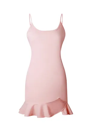 Ruffled Hemline Sleeveless Spaghetti Strap Solid Casual Beach Dress Pink 