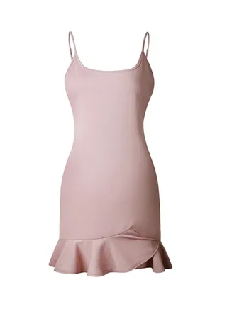 Ruffled Hemline Sleeveless Spaghetti Strap Solid Casual Beach Dress Light Pink 