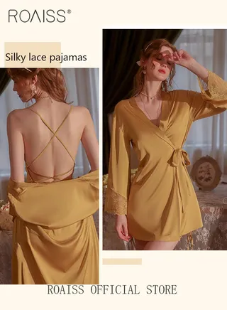 2-Piece Set of Women Pajamas with V-Neck Design Women Home Wear Set Same Color Outer Robe and Lace Element Nightgown 
