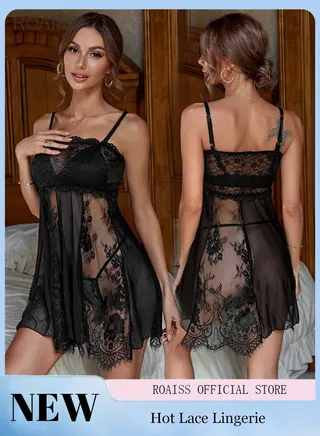 Women's Eyelash Lace Suspender Nightgown Adjustable Shoulder Straps With Padded Pajama Dress 