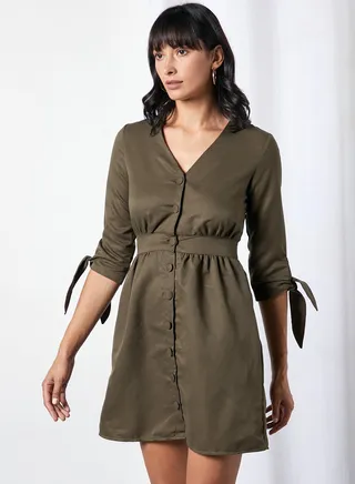 Tie Sleeve Button Dress khaki 