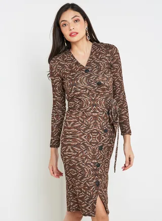 Patterned Side Tie Dress Brown 