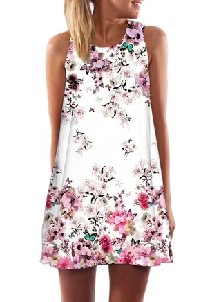 Summer Sleeveless Round Neck Short Dress Multicolour 