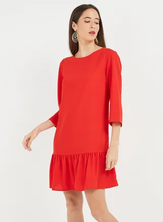 Round Neck Three-Quarter Sleeve Dress Aura Orange 