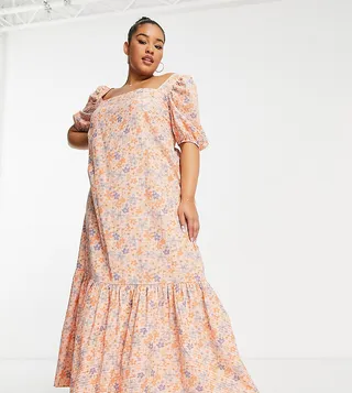 ASOS DESIGN Curve square neck cross back maxi dress in orange daisy gingham