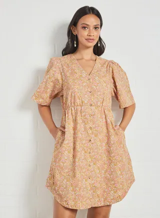 Floral Print Shirt Dress Tan 