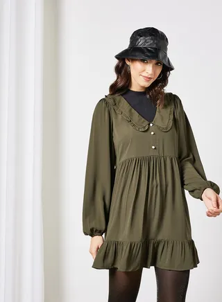 Oversized Collar Mini Dress Green 