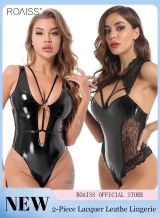 2-Piece One Piece Lace Patent Leather Cut-Out Jumpsuit Wife Girlfriend Tight Design Night Nightwear 