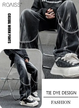 Fashionable And Versatile Tie-Dye Jeans For Men For Daily Commuting Metal Chain Decorated Wide-Leg Pants With Practical Pockets 