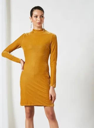 Women's Casual Round Neck Solid Design Long Sleeve Mini Dress Yellow 