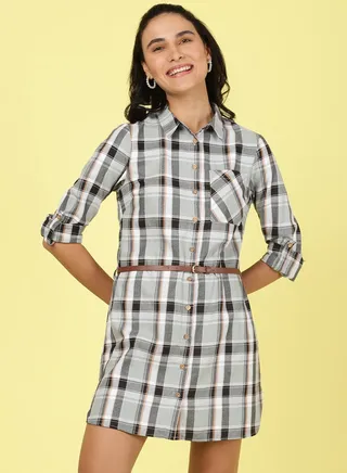 Collared Neck Checkered Mini Dress Multicolour 