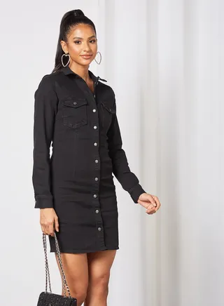 Long Sleeve Denim Dress Black 