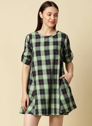 Round Neck Checkered Mini Dress Multicolour 