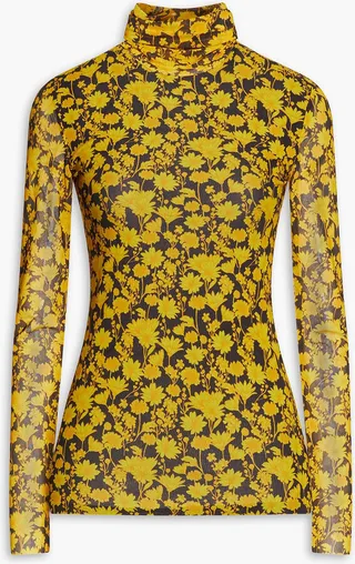 Floral-print mesh turtleneck top