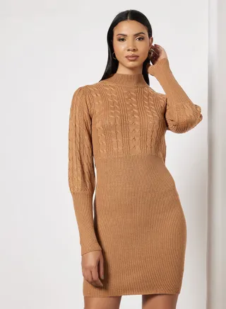 High Neck Sweater Dress Camel 