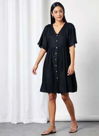 Buttoned V-Neck Dress Black 