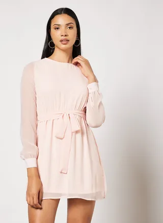 Solid Colour Long Sleeve Mini Dress Beige 