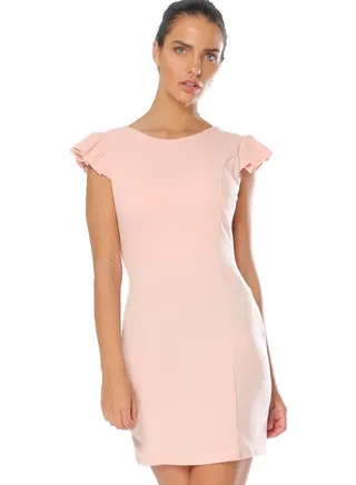 Cut Out frill Shoulder Bodycon Dress Pink 