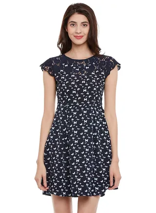 Cap Sleeve Printed Skater Dress Navy 